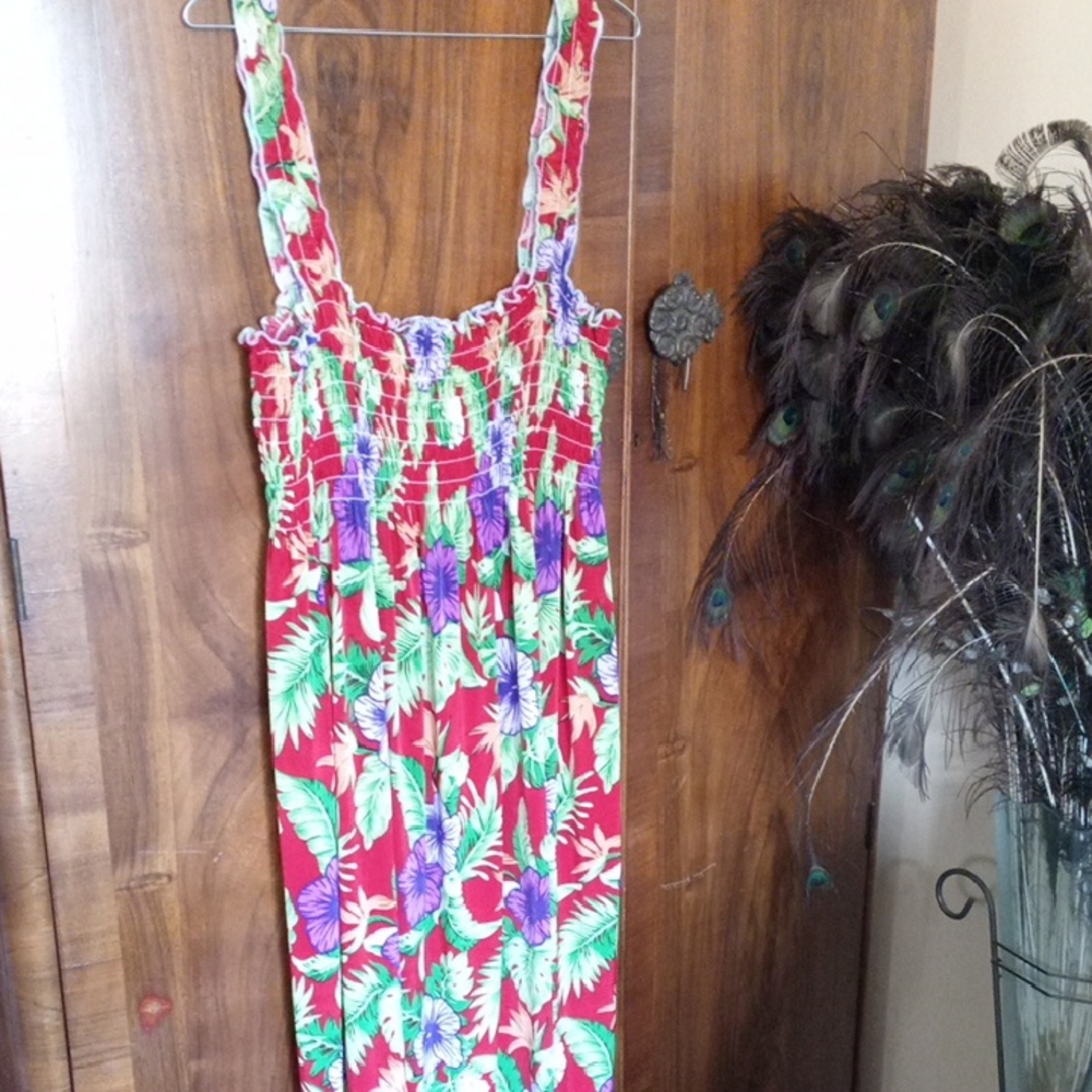 Tropical Red Maxi Dress with Smocked Bodice